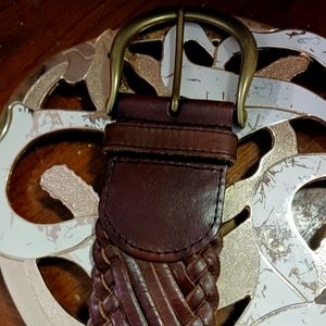 Linea Pelle brown woven wide belt leather Size Small,3" Brass Buckle,Nice🎁Nice